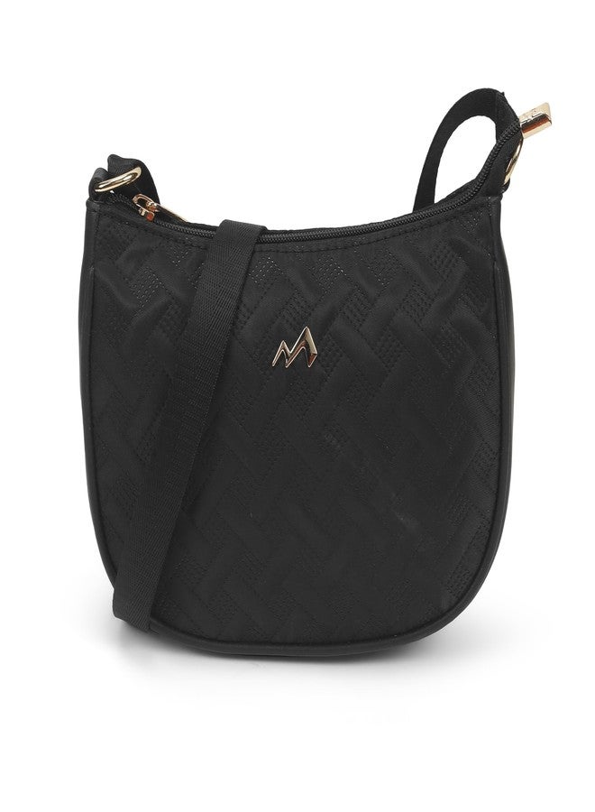 Metro Women Black Casual Fabric Soft Body Zipper closure Quilted Sling Bag (66-777) - Image 3